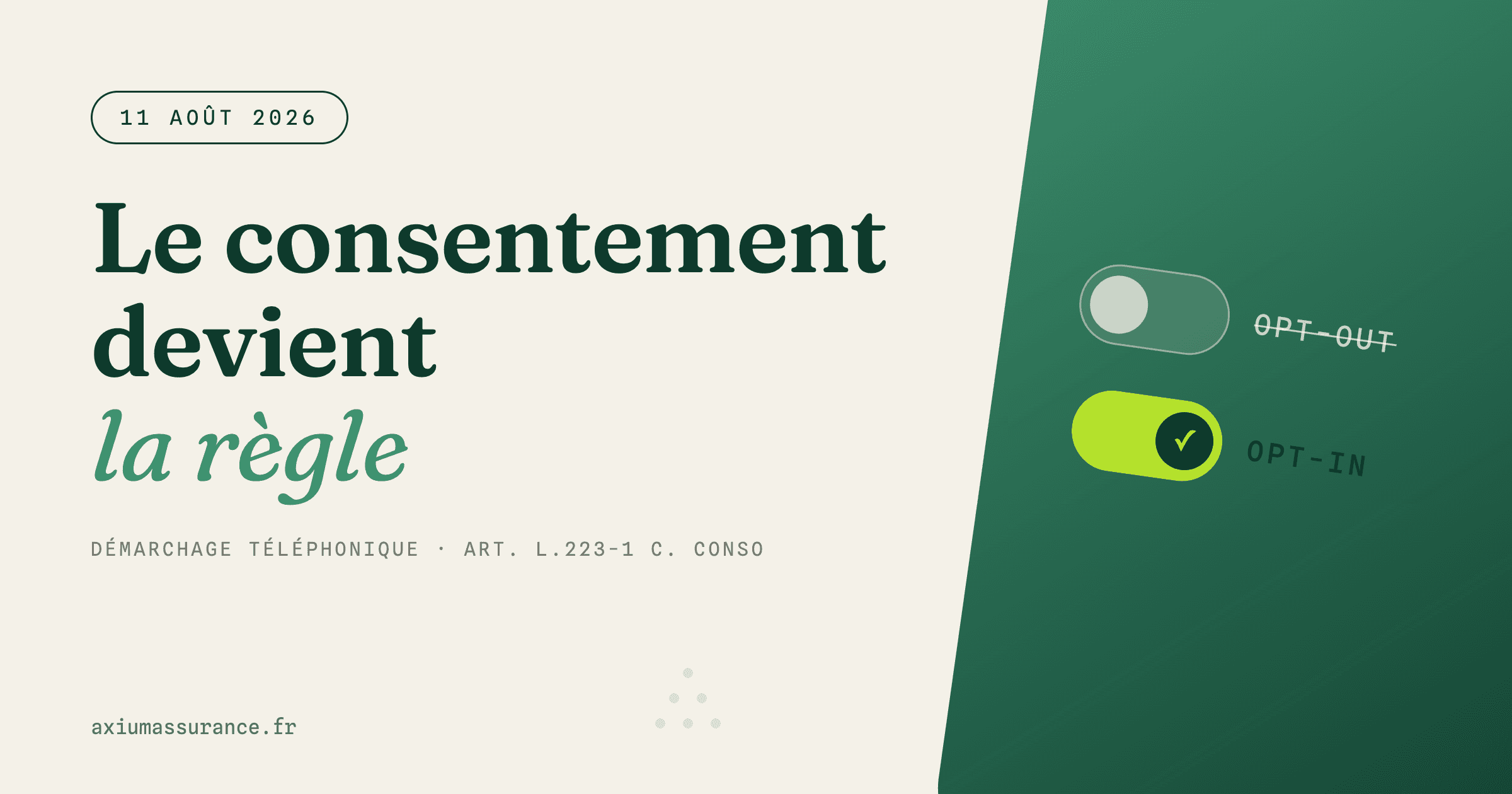 Illustration éditoriale : deux boutons toggle sur fond vert, opt-out barré et désactivé, opt-in activé en vert lime avec une coche, à côté du titre "Le consentement devient la règle" et de la date du 11 août 2026.